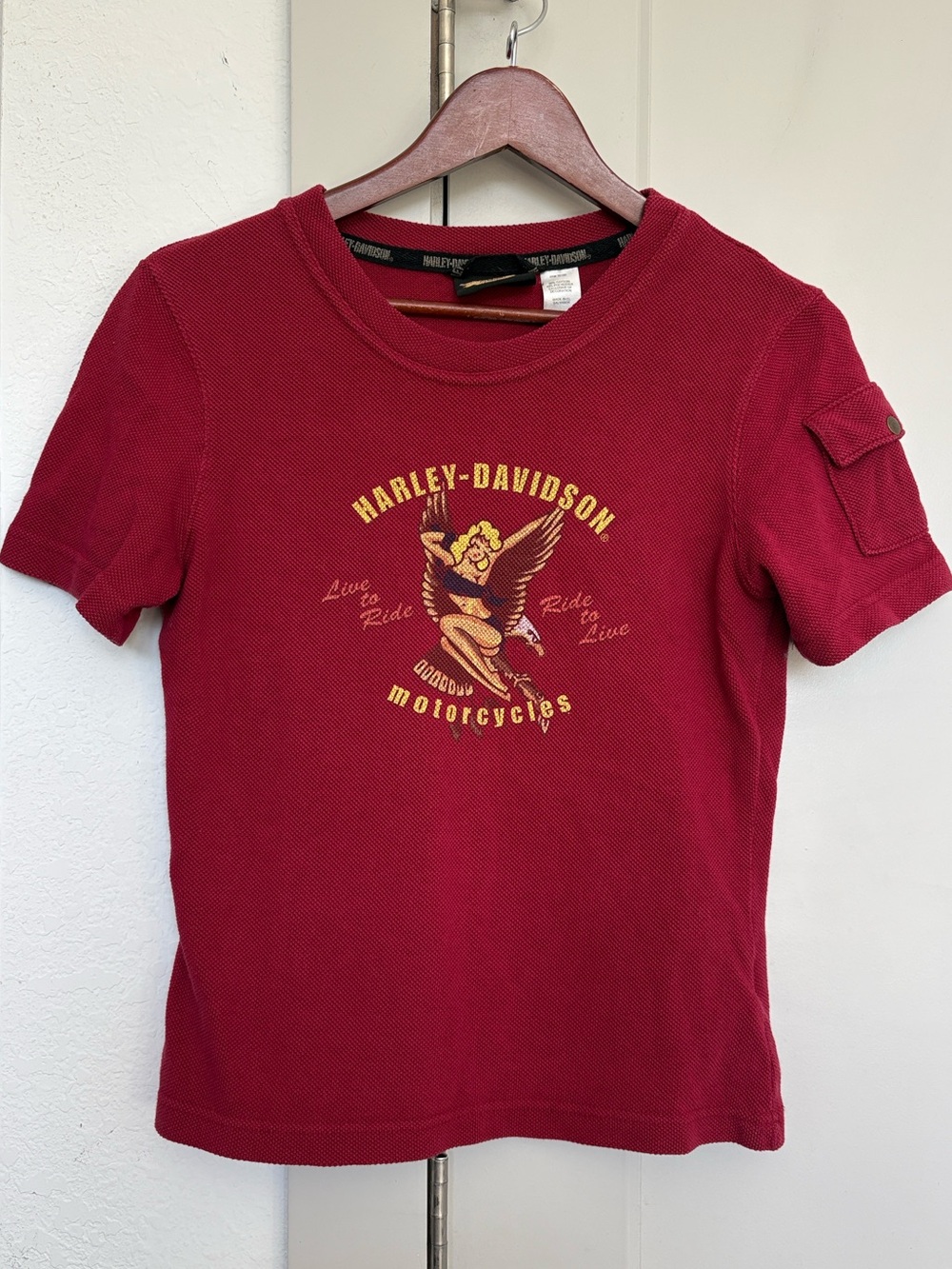 VINTAGE Y2K HARLEY DAVIDSON RED THERMAL SHORT SLEEVE TSHIRT WOMENS SMALL